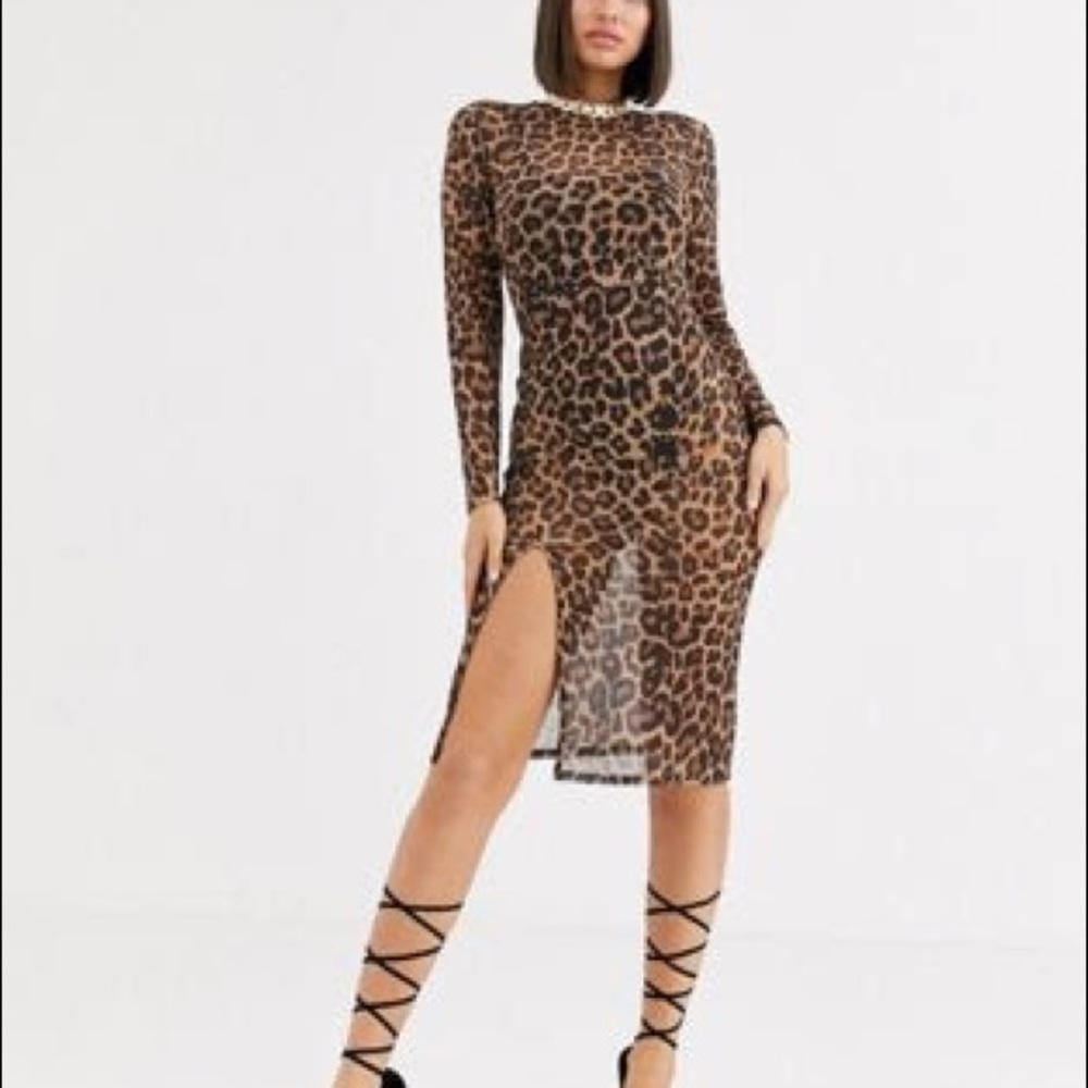 sheer leopard thigh split midi dress in leopard
